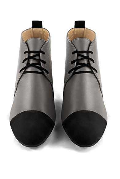 Matt black and ash grey women's ankle boots with laces at the front. Round toe. Medium block heels. Top view - Florence KOOIJMAN